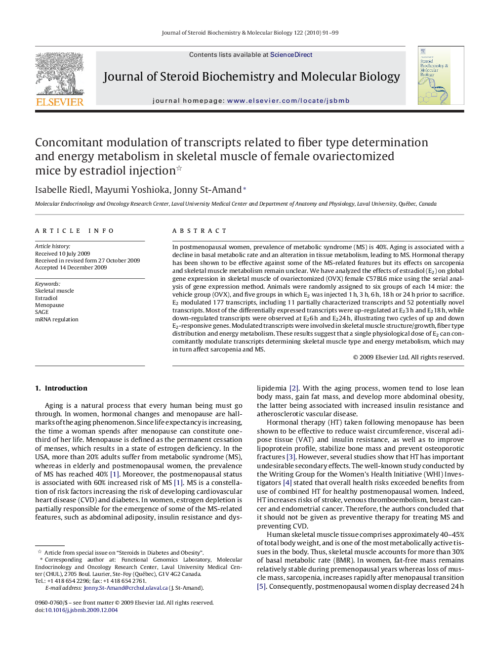 Concomitant modulation of transcripts related to fiber type determination and energy metabolism in skeletal muscle of female ovariectomized mice by estradiol injection 