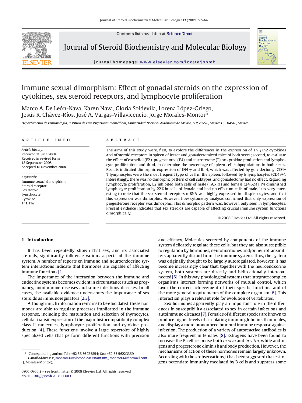 Immune sexual dimorphism: Effect of gonadal steroids on the expression of cytokines, sex steroid receptors, and lymphocyte proliferation