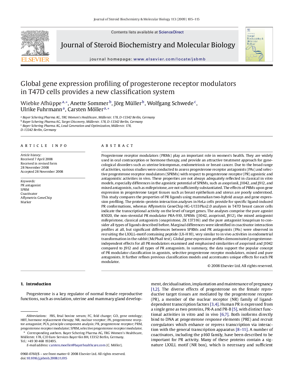 Global gene expression profiling of progesterone receptor modulators in T47D cells provides a new classification system