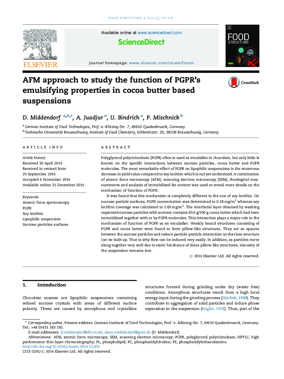 AFM approach to study the function of PGPR's emulsifying properties in cocoa butter based suspensions