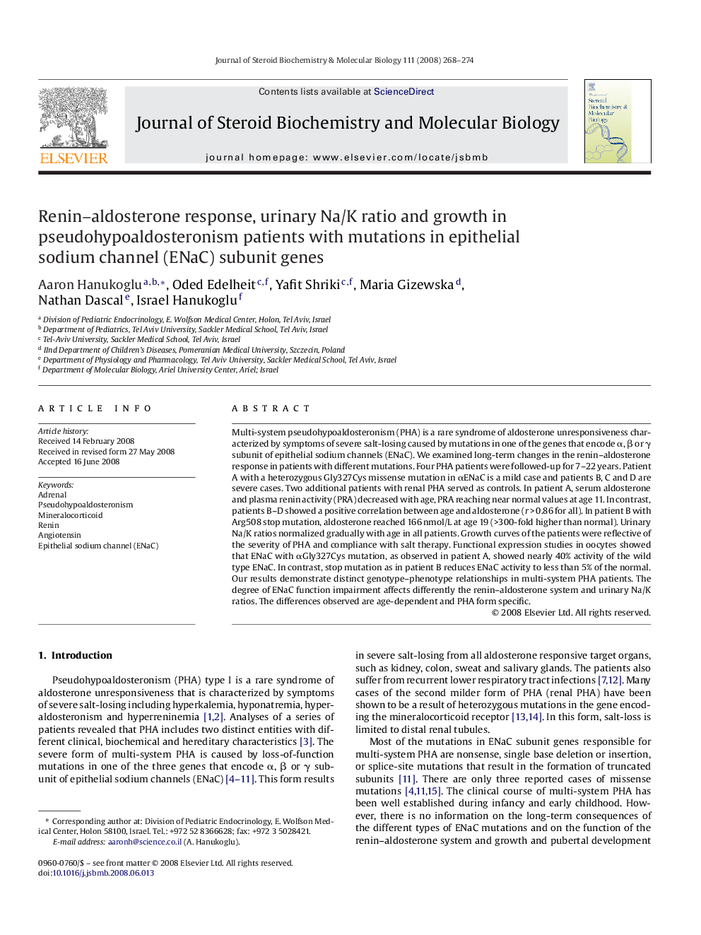 Renin–aldosterone response, urinary Na/K ratio and growth in pseudohypoaldosteronism patients with mutations in epithelial sodium channel (ENaC) subunit genes