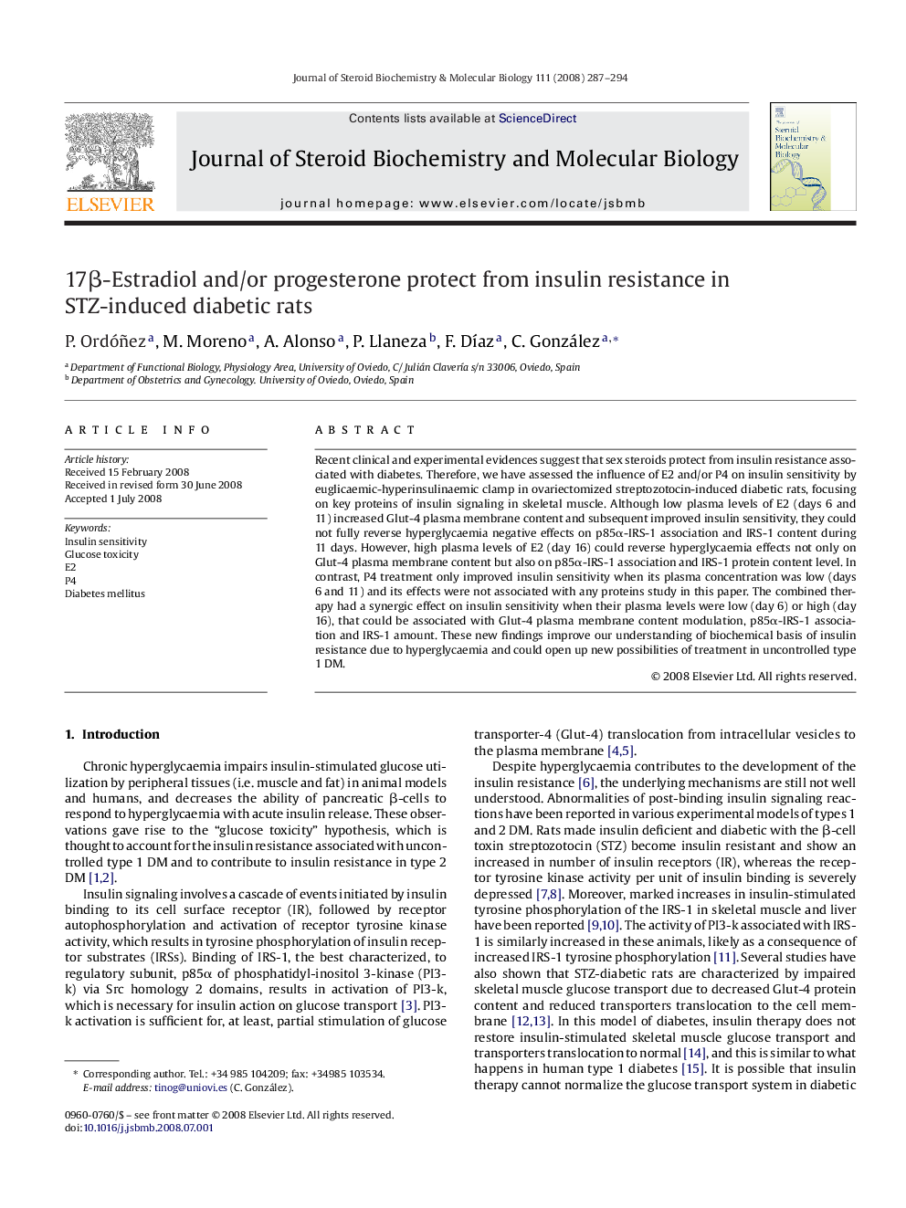 17β-Estradiol and/or progesterone protect from insulin resistance in STZ-induced diabetic rats