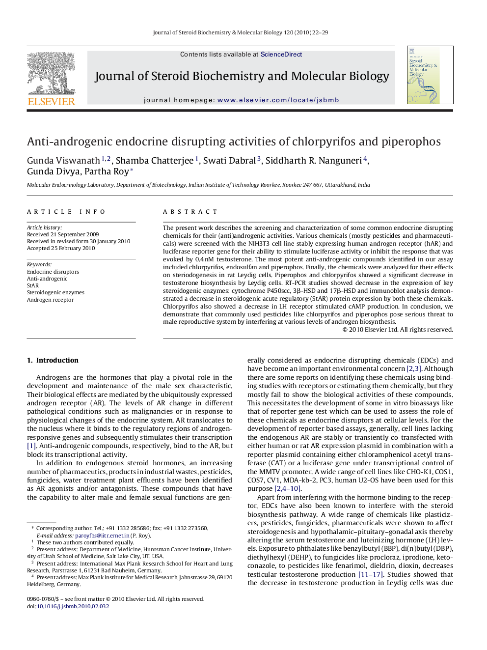 Anti-androgenic endocrine disrupting activities of chlorpyrifos and piperophos