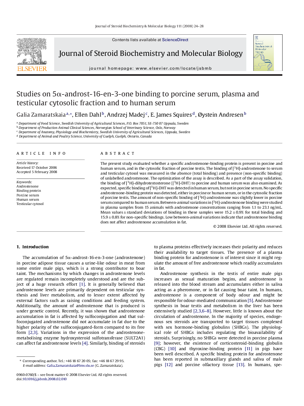 Studies on 5α-androst-16-en-3-one binding to porcine serum, plasma and testicular cytosolic fraction and to human serum