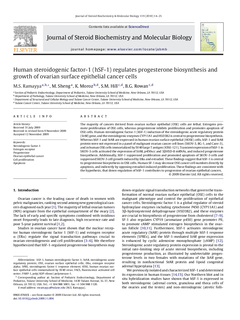 Human steroidogenic factor-1 (hSF-1) regulates progesterone biosynthesis and growth of ovarian surface epithelial cancer cells
