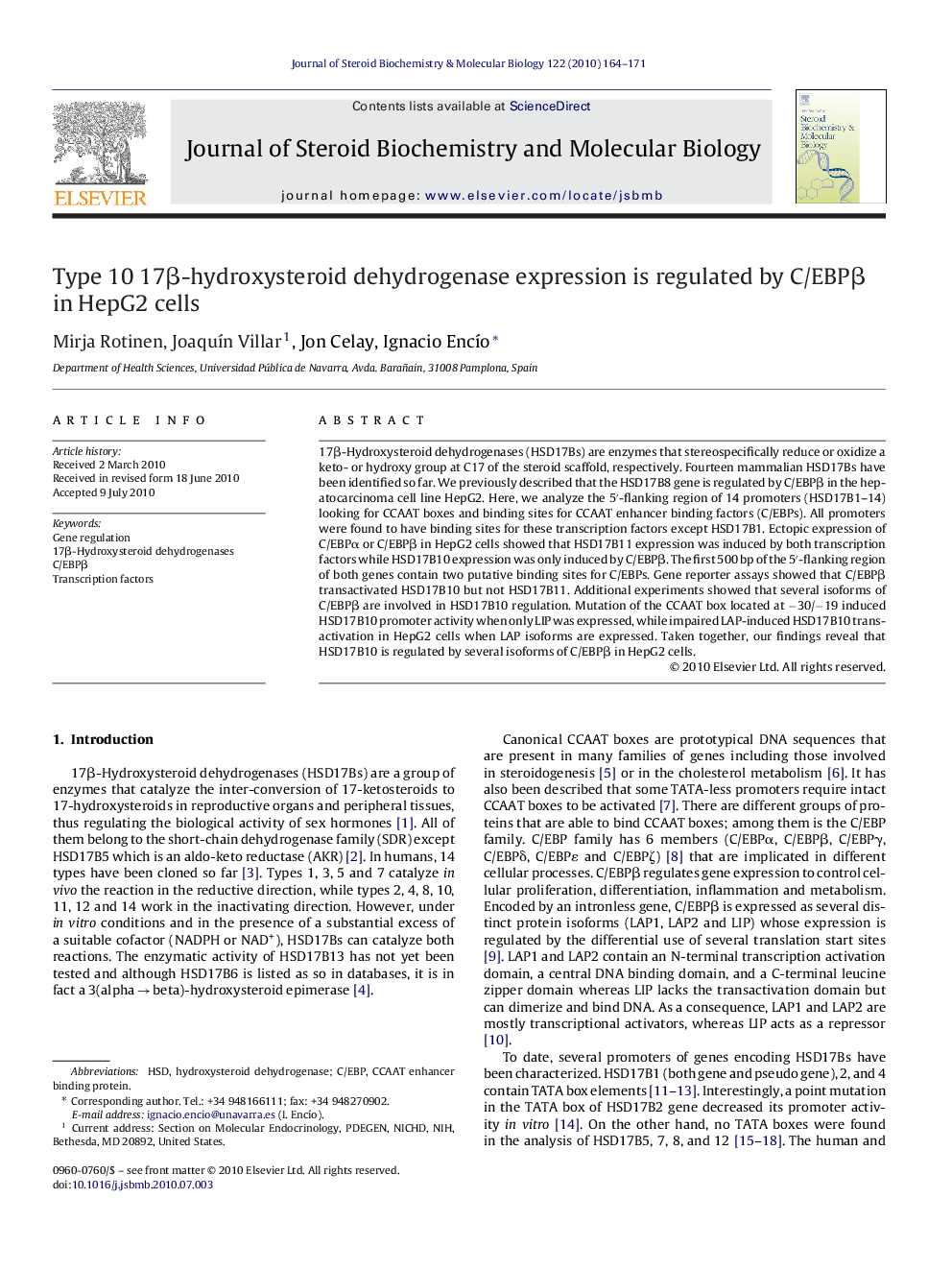 Type 10 17β-hydroxysteroid dehydrogenase expression is regulated by C/EBPβ in HepG2 cells