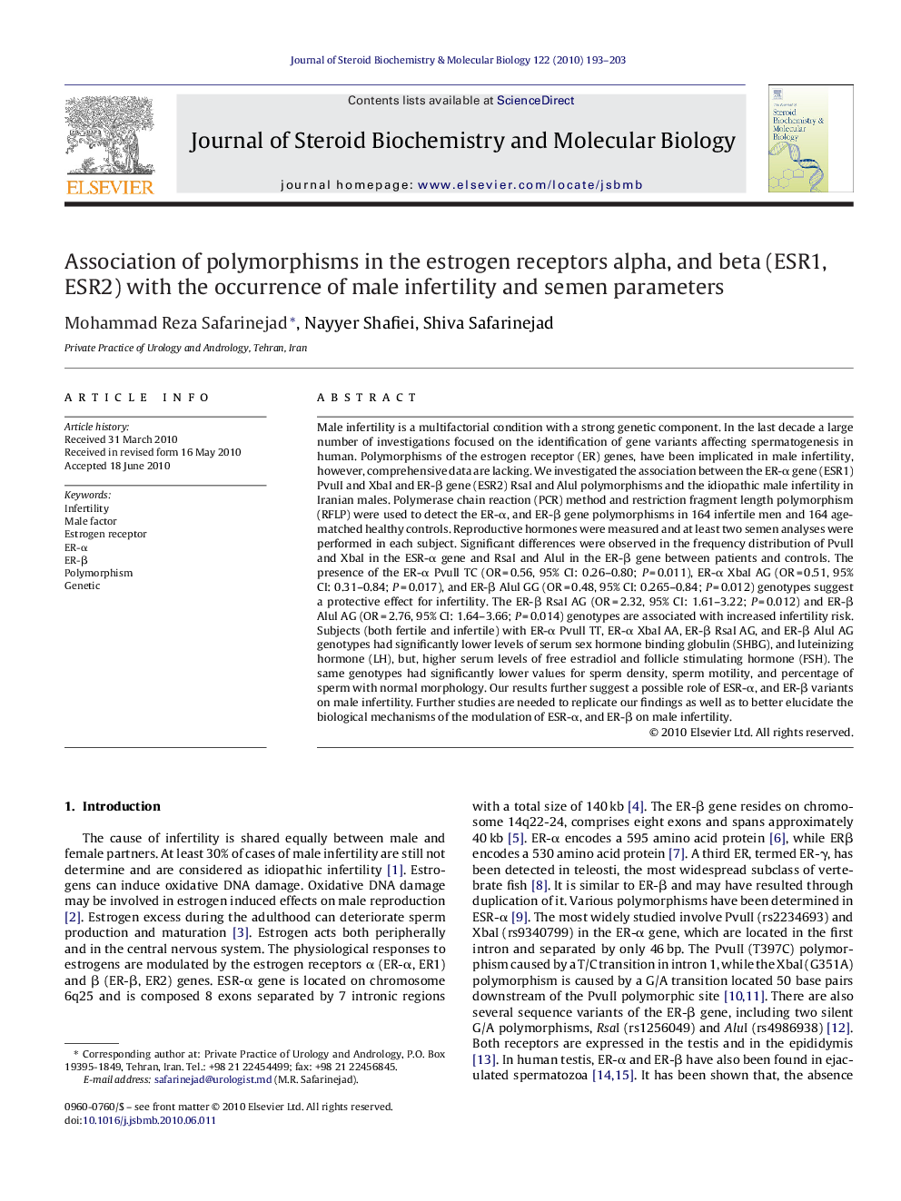 Association of polymorphisms in the estrogen receptors alpha, and beta (ESR1, ESR2) with the occurrence of male infertility and semen parameters