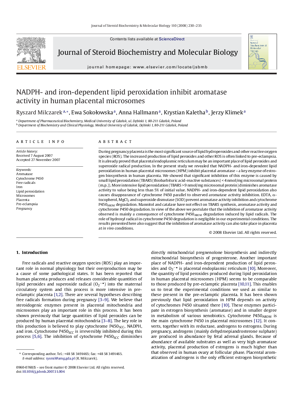 NADPH- and iron-dependent lipid peroxidation inhibit aromatase activity in human placental microsomes