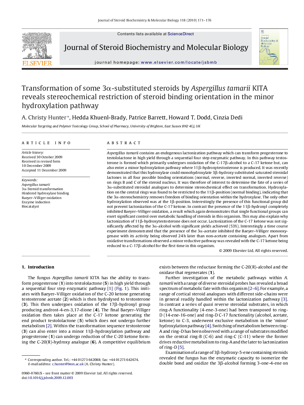 Transformation of some 3α-substituted steroids by Aspergillus tamarii KITA reveals stereochemical restriction of steroid binding orientation in the minor hydroxylation pathway