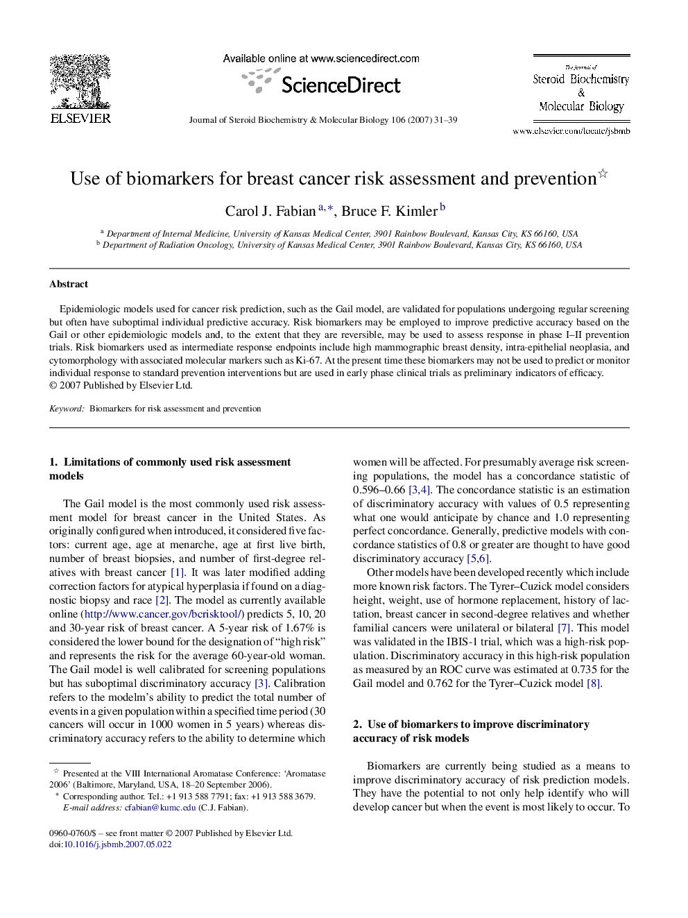 Use of biomarkers for breast cancer risk assessment and prevention