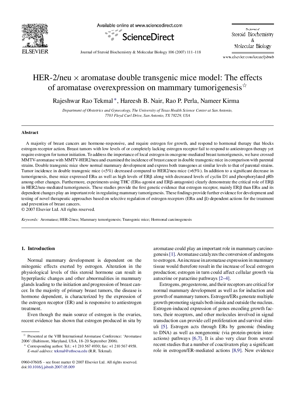 HER-2/neu × aromatase double transgenic mice model: The effects of aromatase overexpression on mammary tumorigenesis 