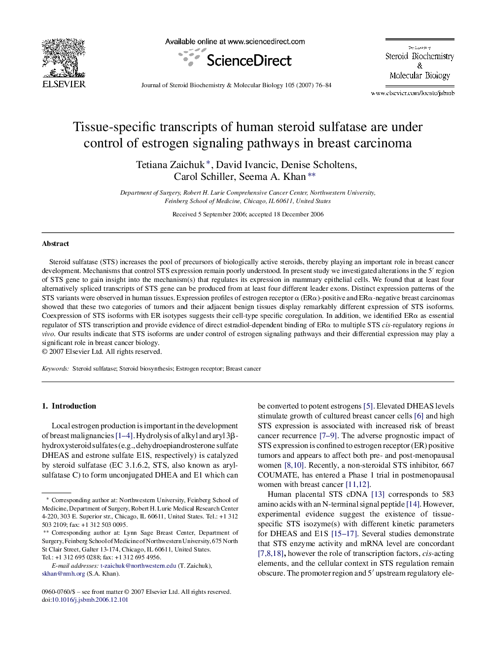 Tissue-specific transcripts of human steroid sulfatase are under control of estrogen signaling pathways in breast carcinoma
