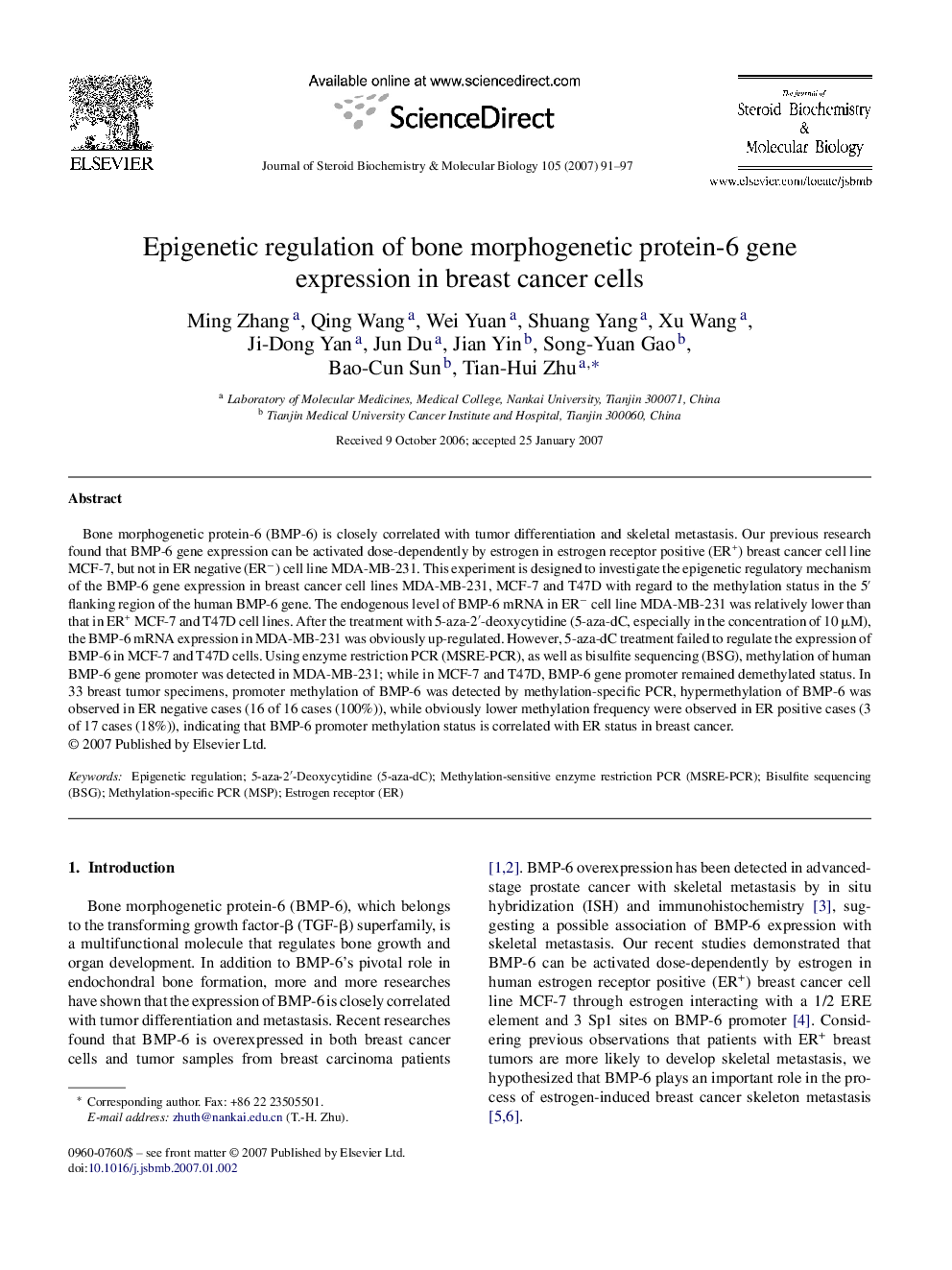 Epigenetic regulation of bone morphogenetic protein-6 gene expression in breast cancer cells