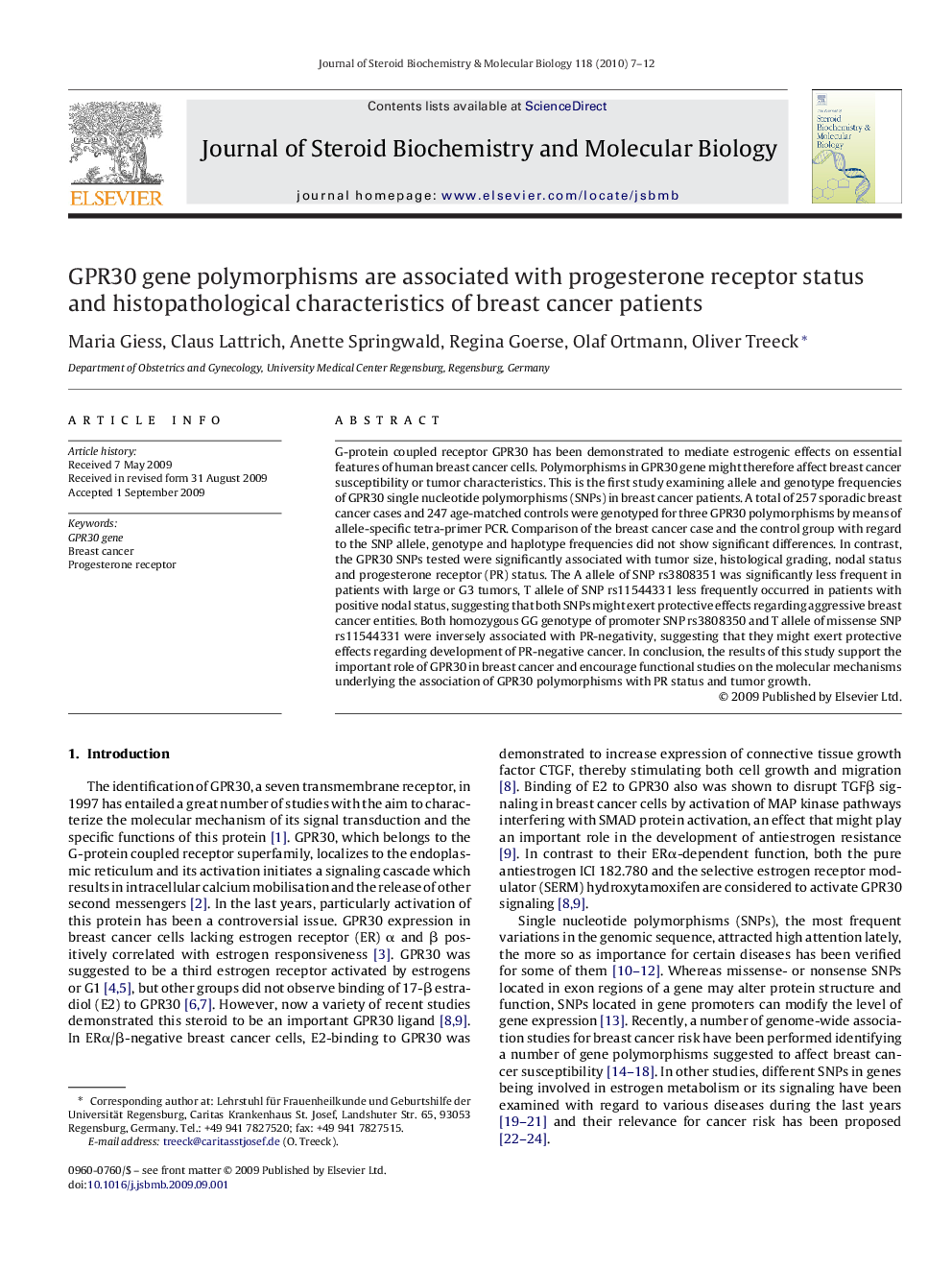 GPR30 gene polymorphisms are associated with progesterone receptor status and histopathological characteristics of breast cancer patients