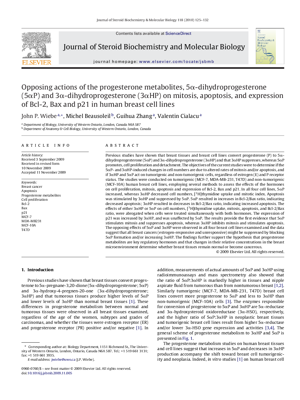 Opposing actions of the progesterone metabolites, 5α-dihydroprogesterone (5αP) and 3α-dihydroprogesterone (3αHP) on mitosis, apoptosis, and expression of Bcl-2, Bax and p21 in human breast cell lines