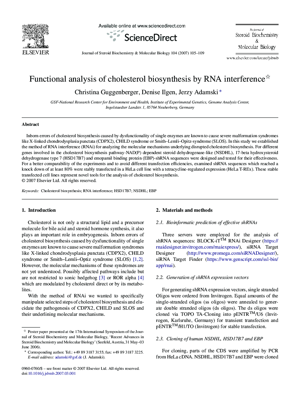 Functional analysis of cholesterol biosynthesis by RNA interference 