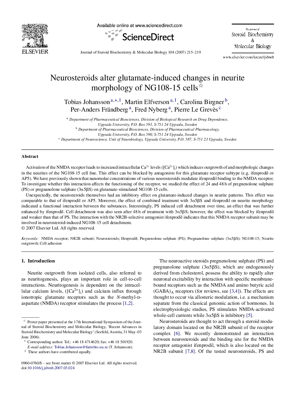 Neurosteroids alter glutamate-induced changes in neurite morphology of NG108-15 cells 