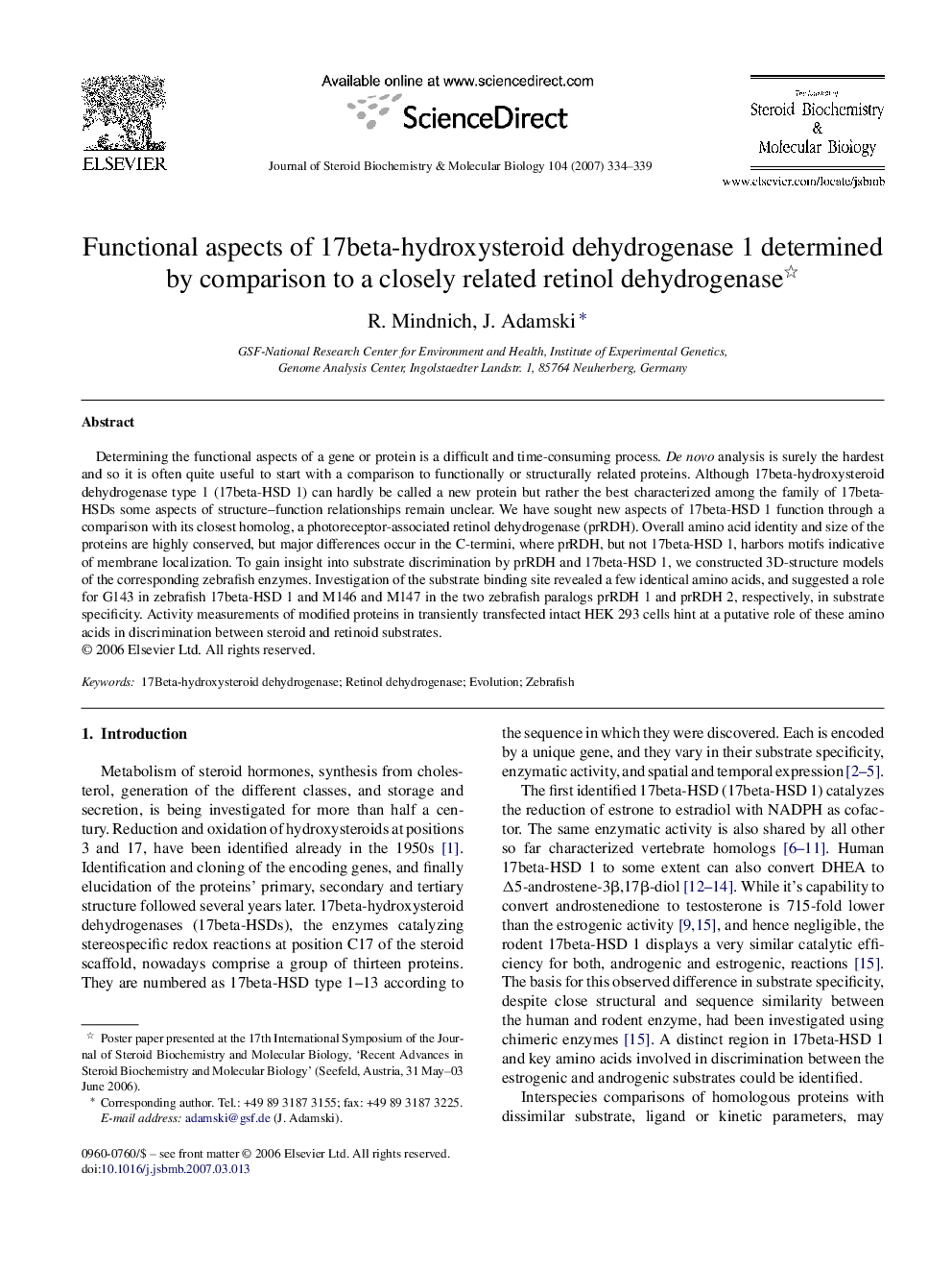 Functional aspects of 17beta-hydroxysteroid dehydrogenase 1 determined by comparison to a closely related retinol dehydrogenase 