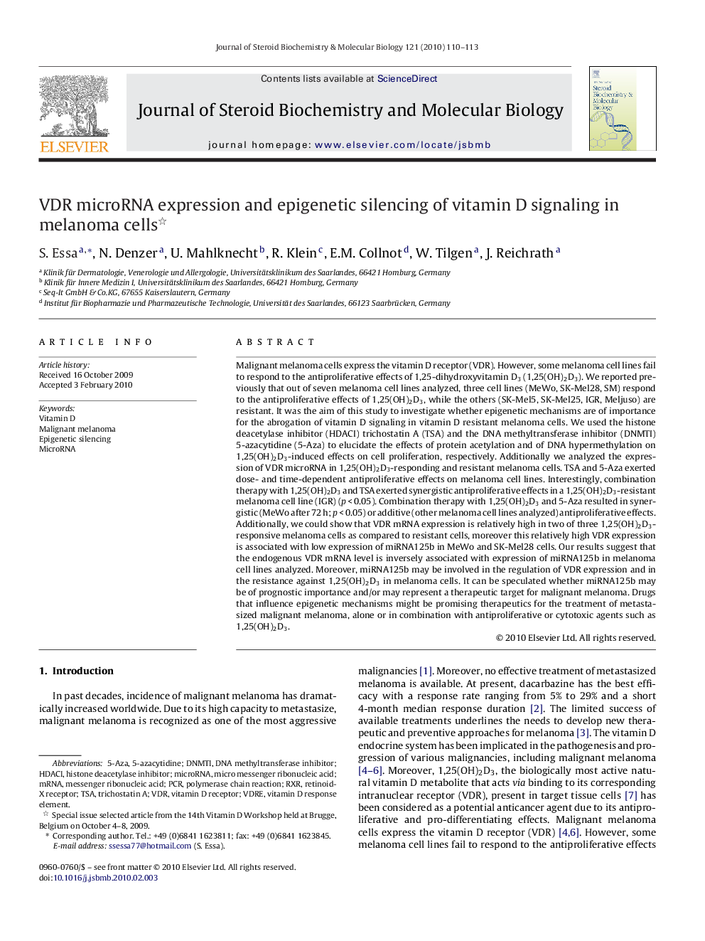 VDR microRNA expression and epigenetic silencing of vitamin D signaling in melanoma cells 