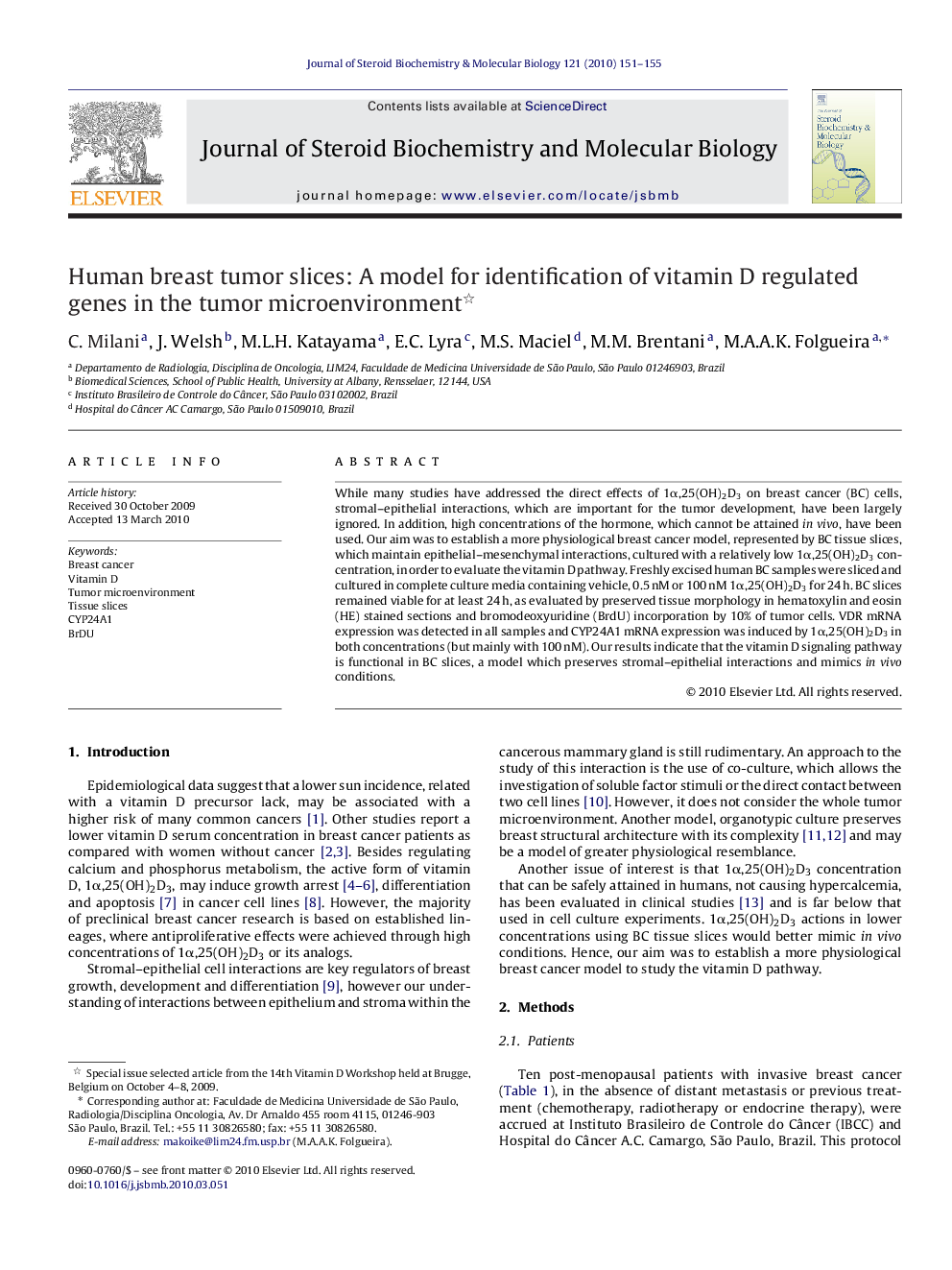 Human breast tumor slices: A model for identification of vitamin D regulated genes in the tumor microenvironment 