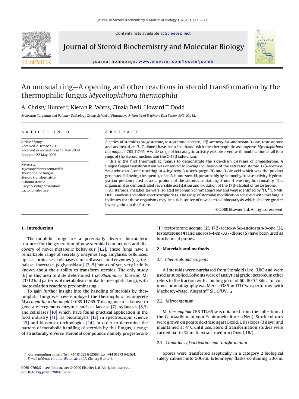 An unusual ring—A opening and other reactions in steroid transformation by the thermophilic fungus Myceliophthora thermophila