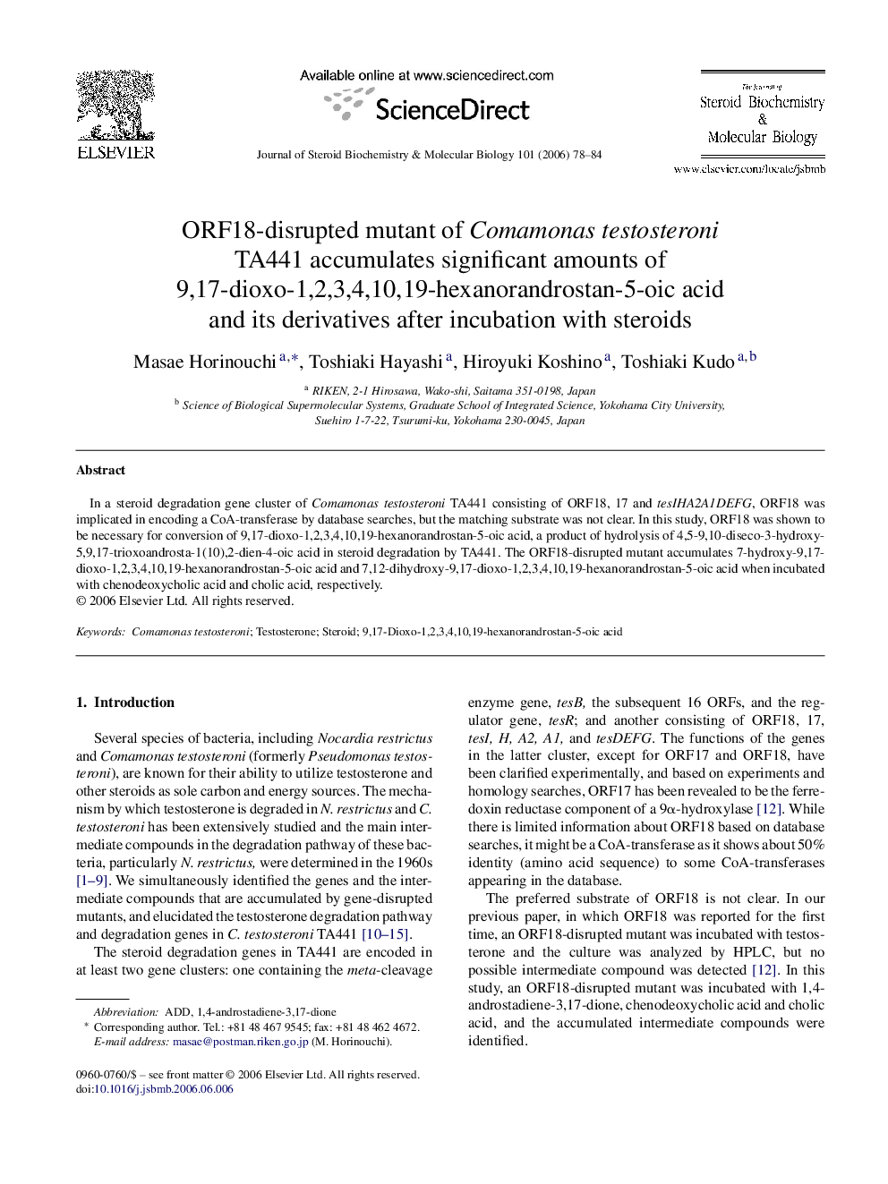 ORF18-disrupted mutant of Comamonas testosteroni TA441 accumulates significant amounts of 9,17-dioxo-1,2,3,4,10,19-hexanorandrostan-5-oic acid and its derivatives after incubation with steroids