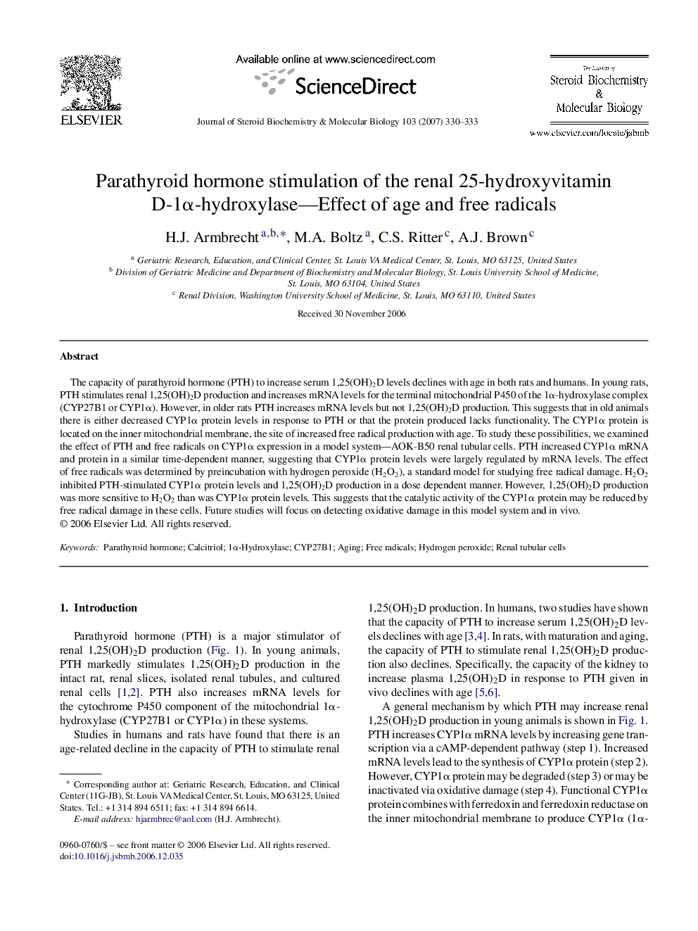 Parathyroid hormone stimulation of the renal 25-hydroxyvitamin D-1α-hydroxylase—Effect of age and free radicals