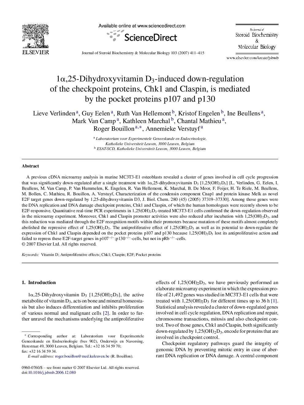 1α,25-Dihydroxyvitamin D3-induced down-regulation of the checkpoint proteins, Chk1 and Claspin, is mediated by the pocket proteins p107 and p130