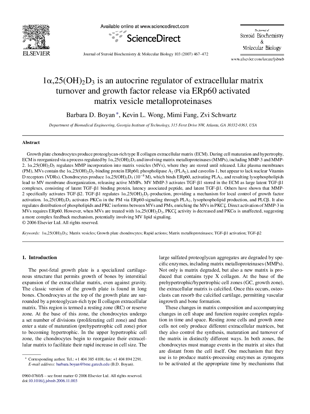 1α,25(OH)2D3 is an autocrine regulator of extracellular matrix turnover and growth factor release via ERp60 activated matrix vesicle metalloproteinases