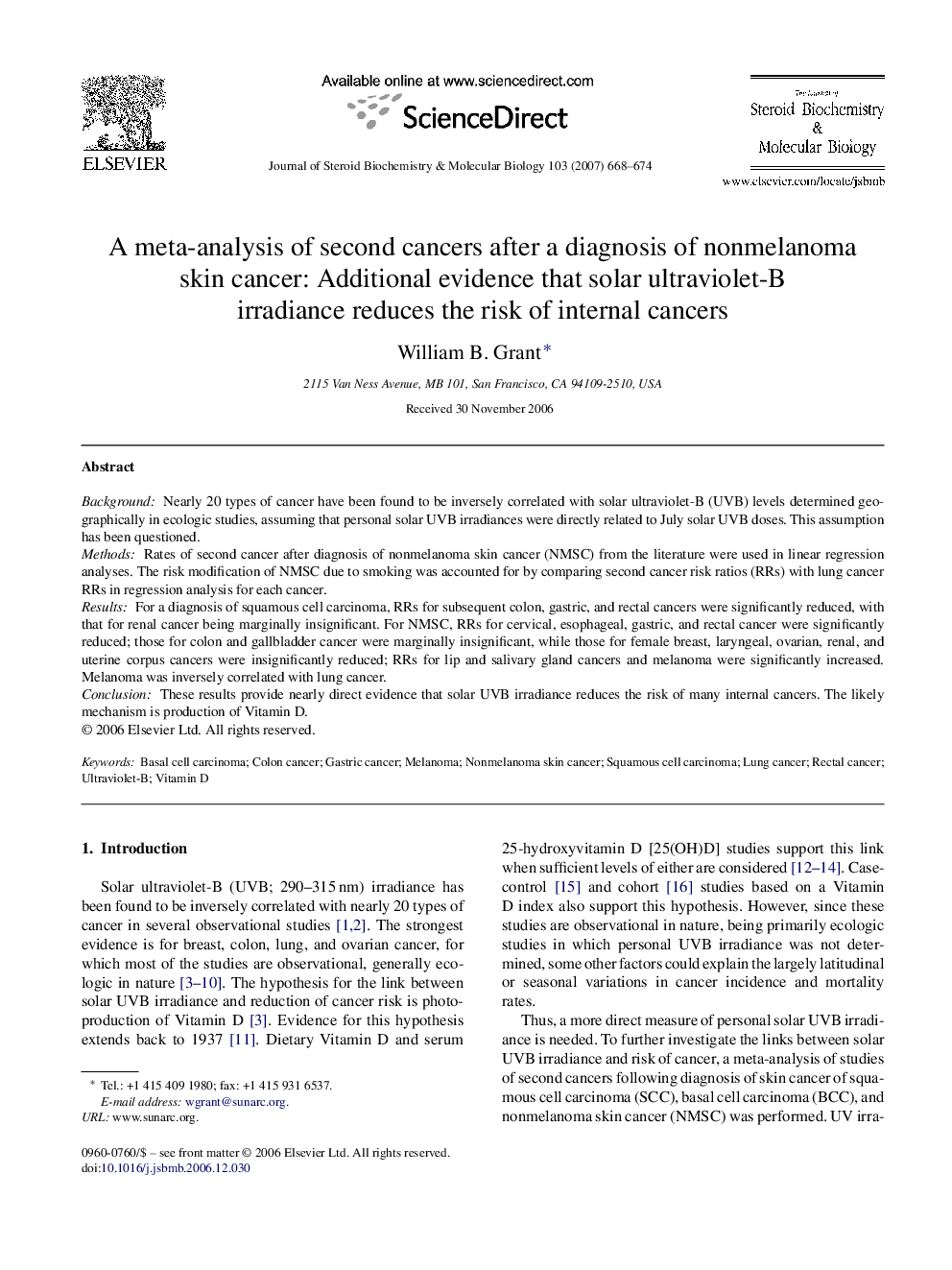 A meta-analysis of second cancers after a diagnosis of nonmelanoma skin cancer: Additional evidence that solar ultraviolet-B irradiance reduces the risk of internal cancers