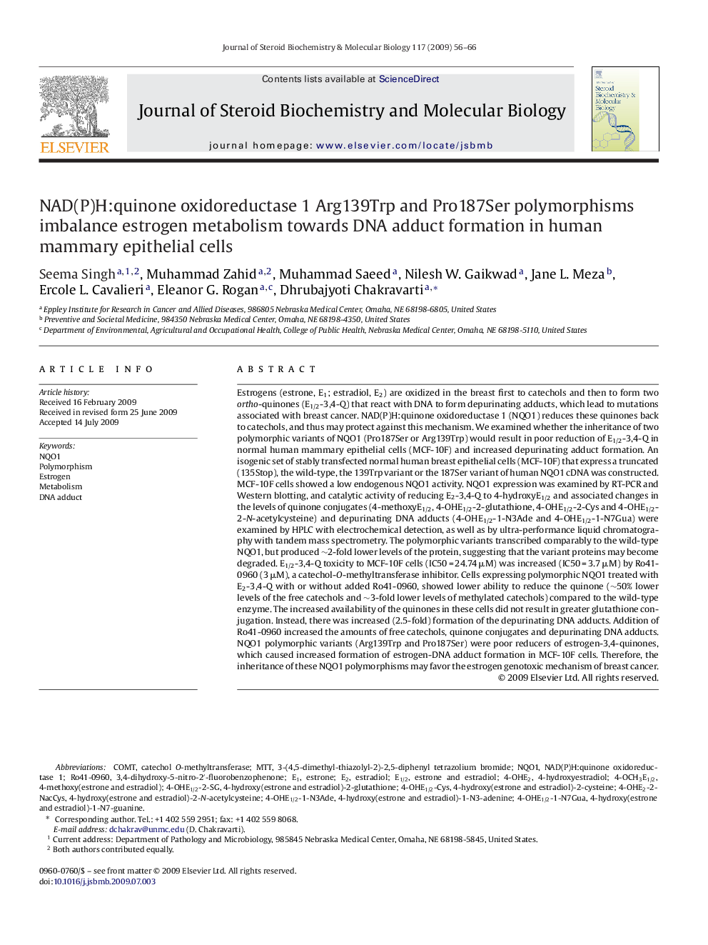 NAD(P)H:quinone oxidoreductase 1 Arg139Trp and Pro187Ser polymorphisms imbalance estrogen metabolism towards DNA adduct formation in human mammary epithelial cells