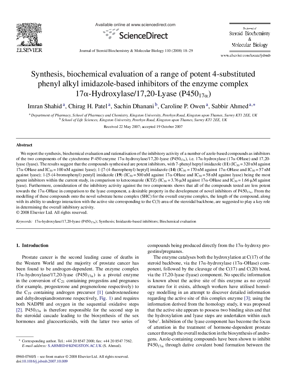 Synthesis, biochemical evaluation of a range of potent 4-substituted phenyl alkyl imidazole-based inhibitors of the enzyme complex 17α-Hydroxylase/17,20-Lyase (P45017α)
