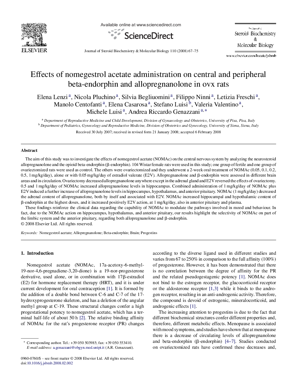 Effects of nomegestrol acetate administration on central and peripheral beta-endorphin and allopregnanolone in ovx rats