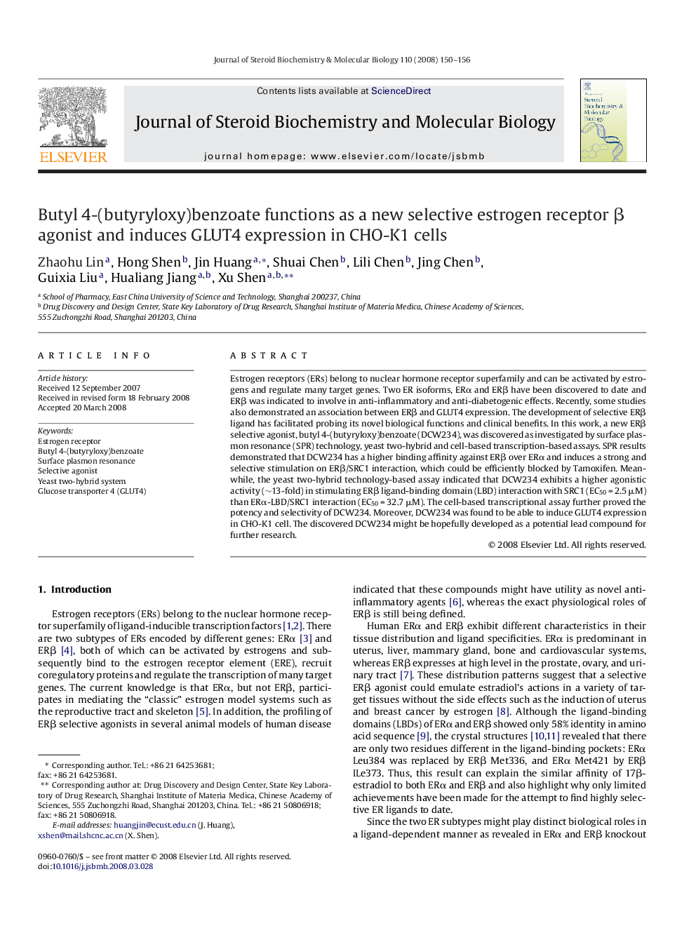 Butyl 4-(butyryloxy)benzoate functions as a new selective estrogen receptor β agonist and induces GLUT4 expression in CHO-K1 cells