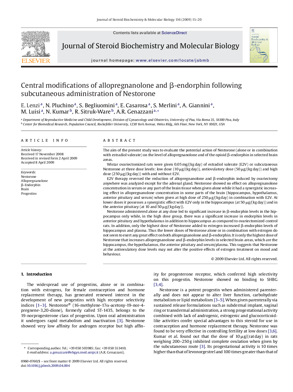 Central modifications of allopregnanolone and β-endorphin following subcutaneous administration of Nestorone