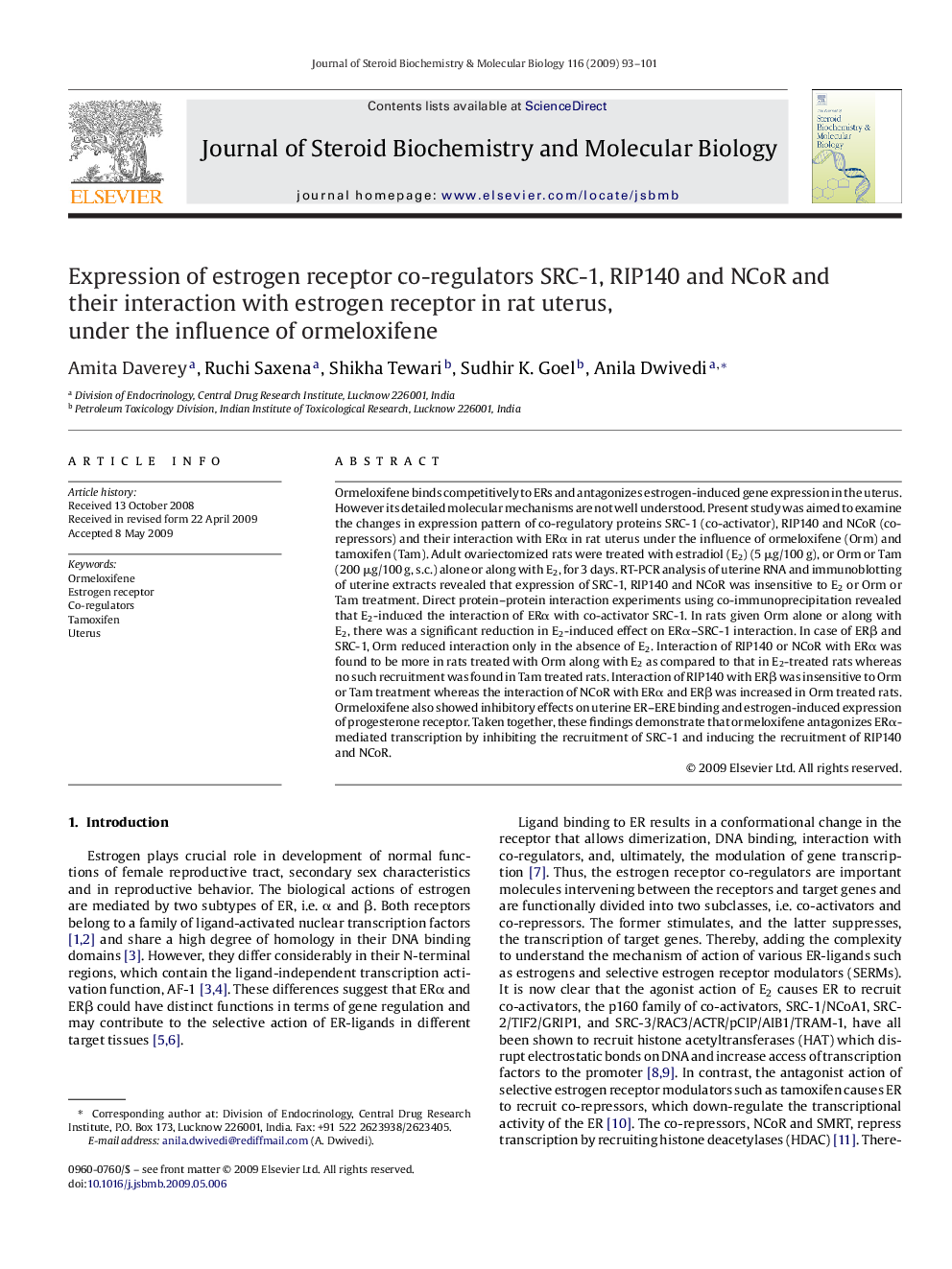 Expression of estrogen receptor co-regulators SRC-1, RIP140 and NCoR and their interaction with estrogen receptor in rat uterus, under the influence of ormeloxifene