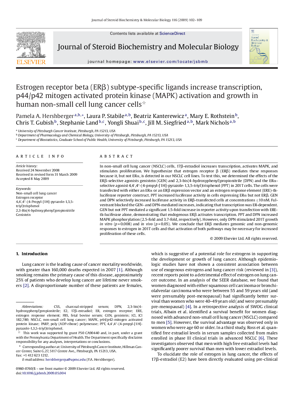 Estrogen receptor beta (ERβ) subtype-specific ligands increase transcription, p44/p42 mitogen activated protein kinase (MAPK) activation and growth in human non-small cell lung cancer cells 