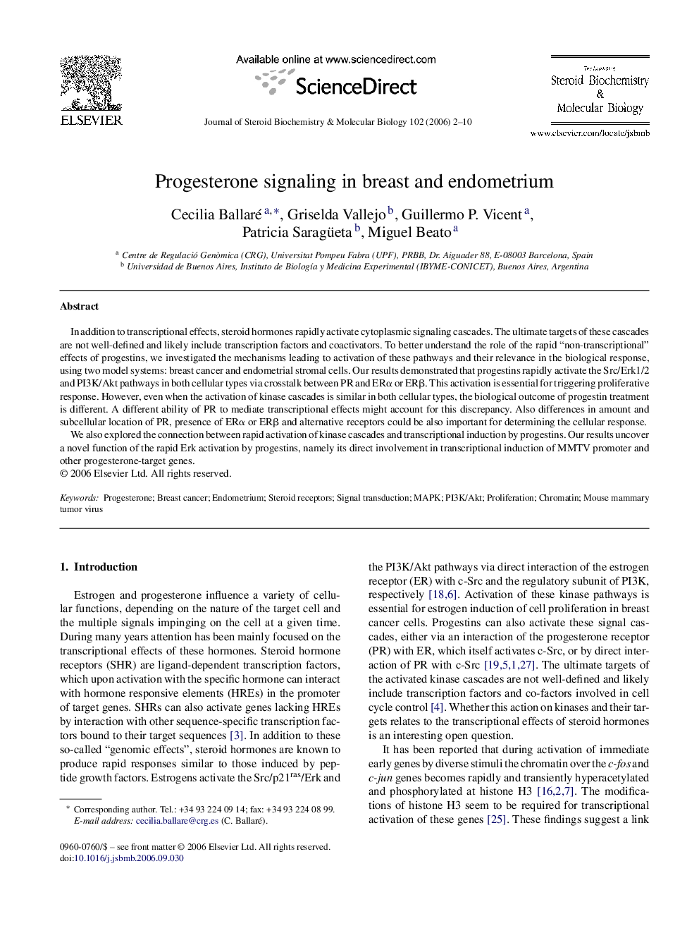 Progesterone signaling in breast and endometrium