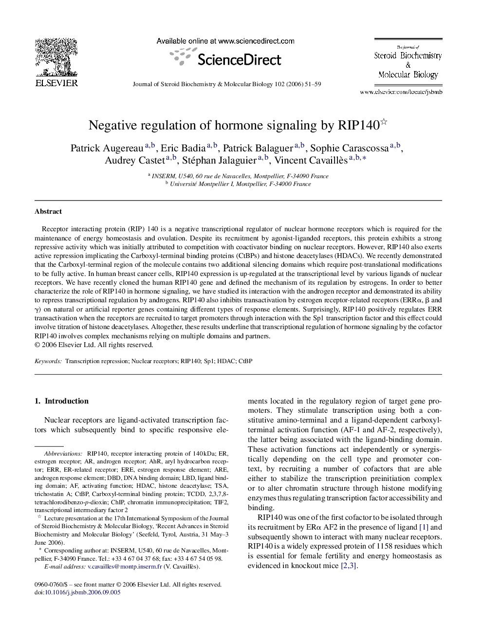 Negative regulation of hormone signaling by RIP140 