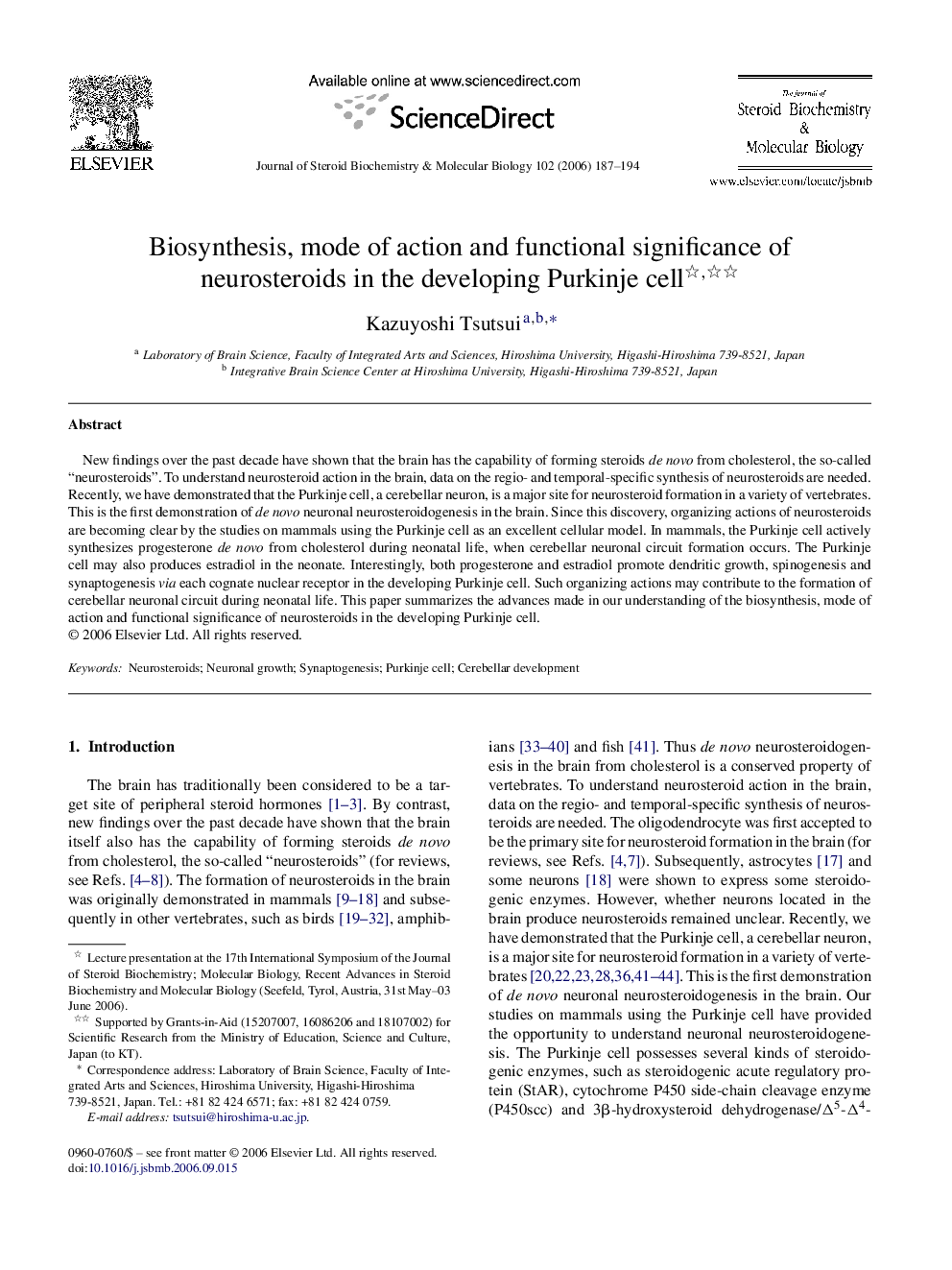 Biosynthesis, mode of action and functional significance of neurosteroids in the developing Purkinje cell 