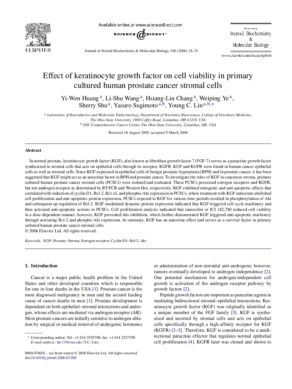 Effect of keratinocyte growth factor on cell viability in primary cultured human prostate cancer stromal cells