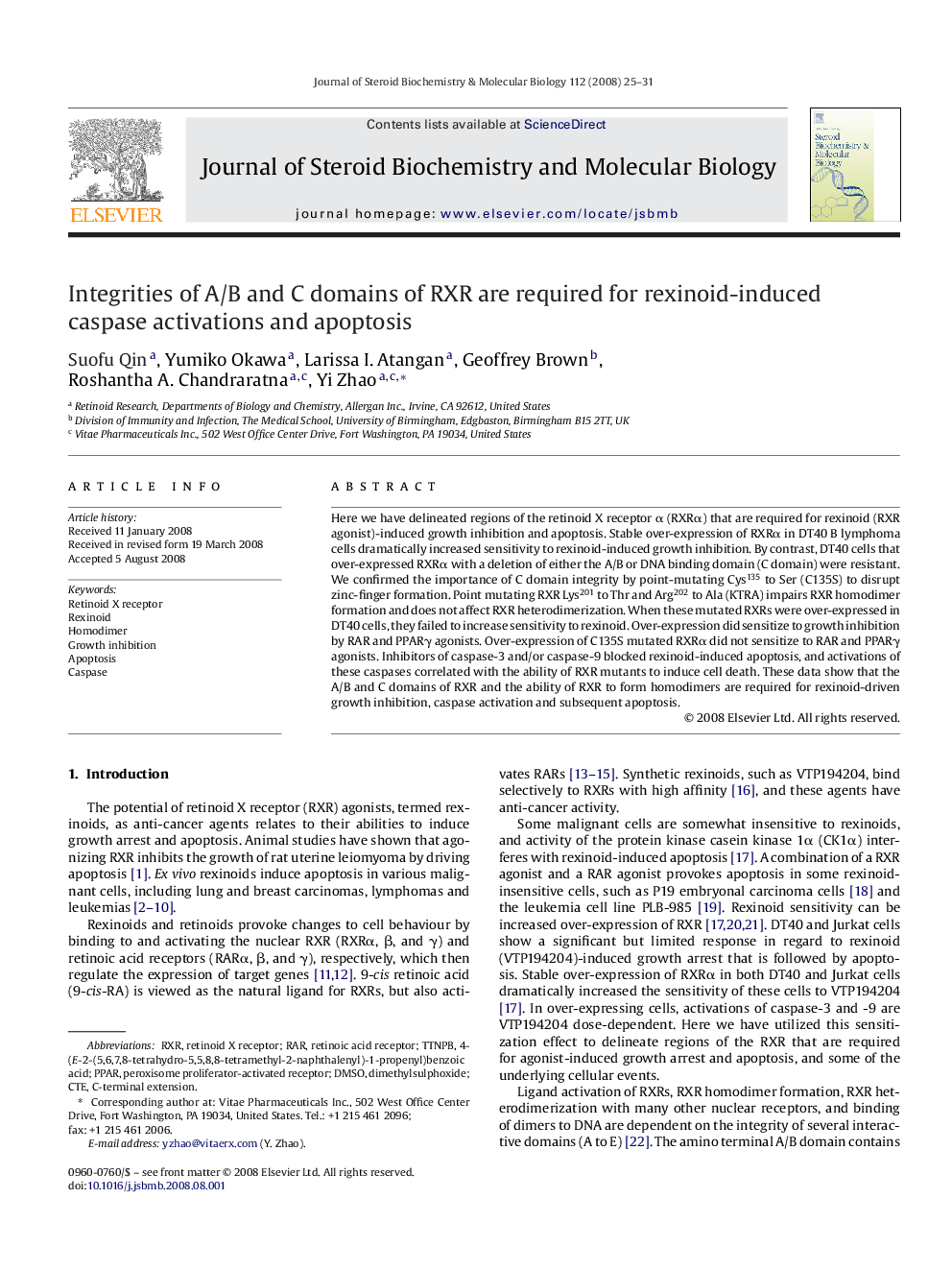 Integrities of A/B and C domains of RXR are required for rexinoid-induced caspase activations and apoptosis