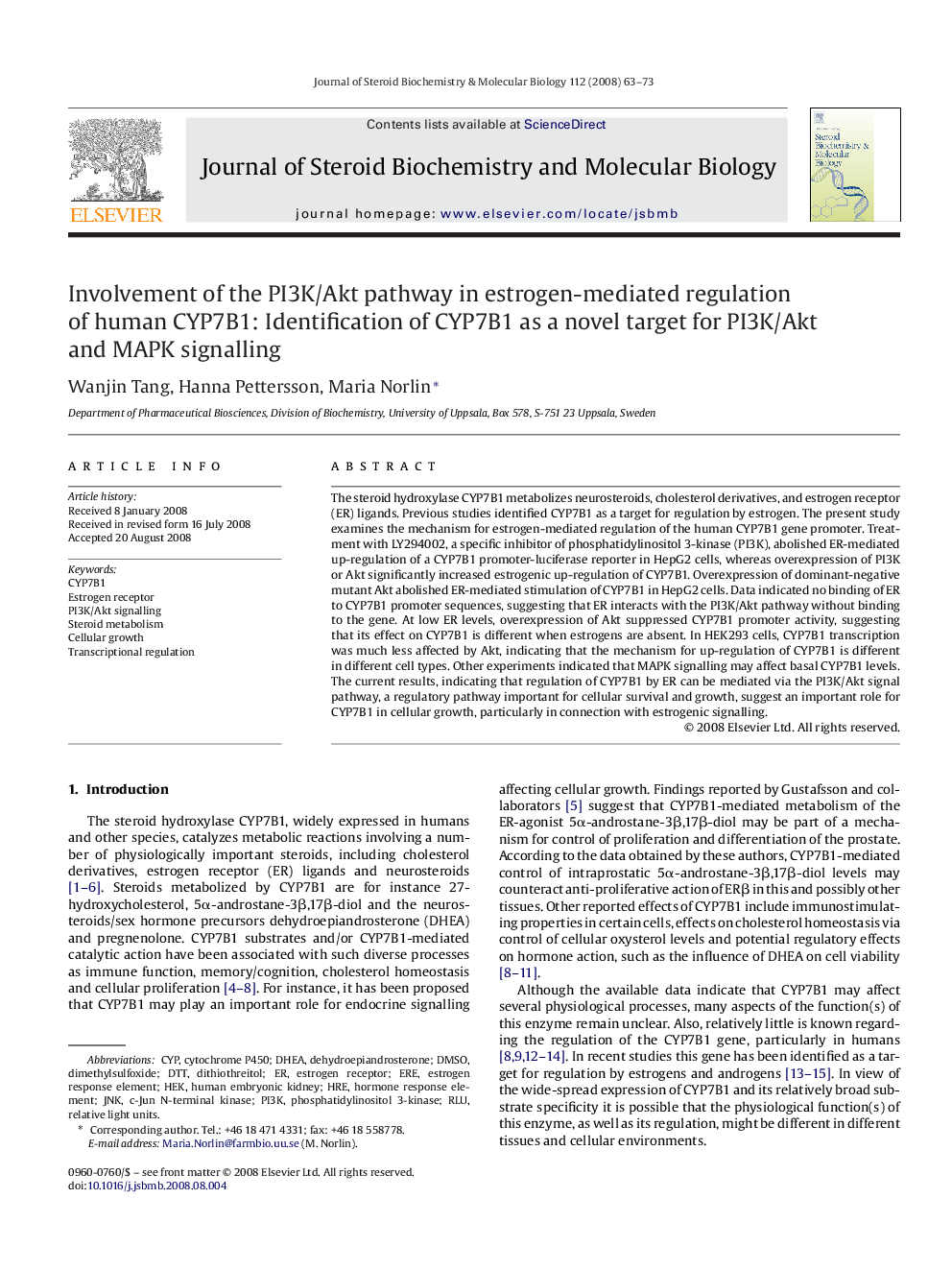 Involvement of the PI3K/Akt pathway in estrogen-mediated regulation of human CYP7B1: Identification of CYP7B1 as a novel target for PI3K/Akt and MAPK signalling