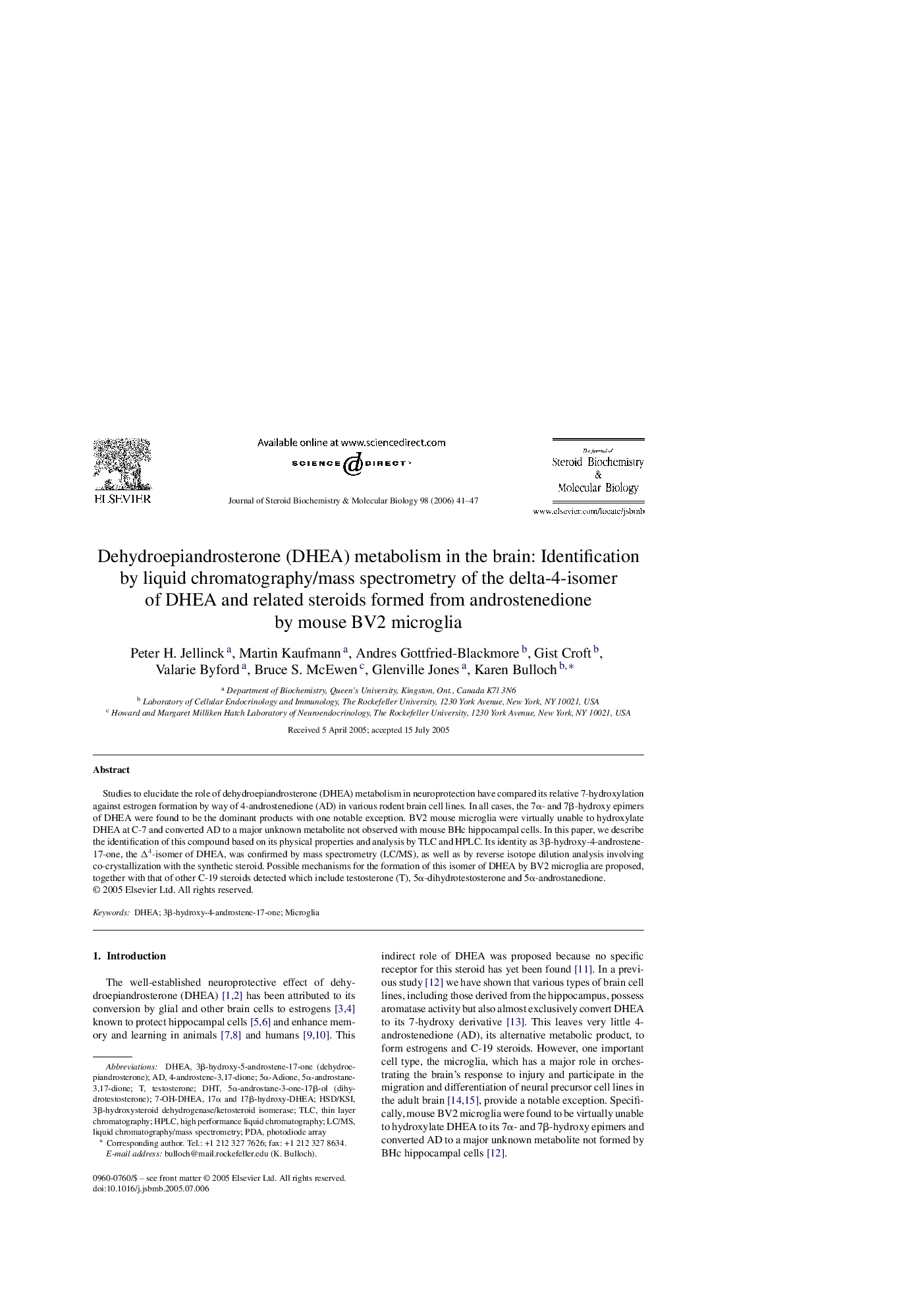Dehydroepiandrosterone (DHEA) metabolism in the brain: Identification by liquid chromatography/mass spectrometry of the delta-4-isomer of DHEA and related steroids formed from androstenedione by mouse BV2 microglia