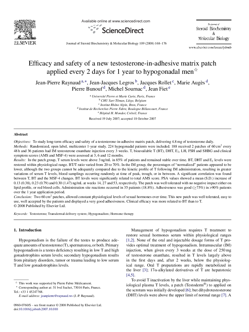 Efficacy and safety of a new testosterone-in-adhesive matrix patch applied every 2 days for 1 year to hypogonadal men 