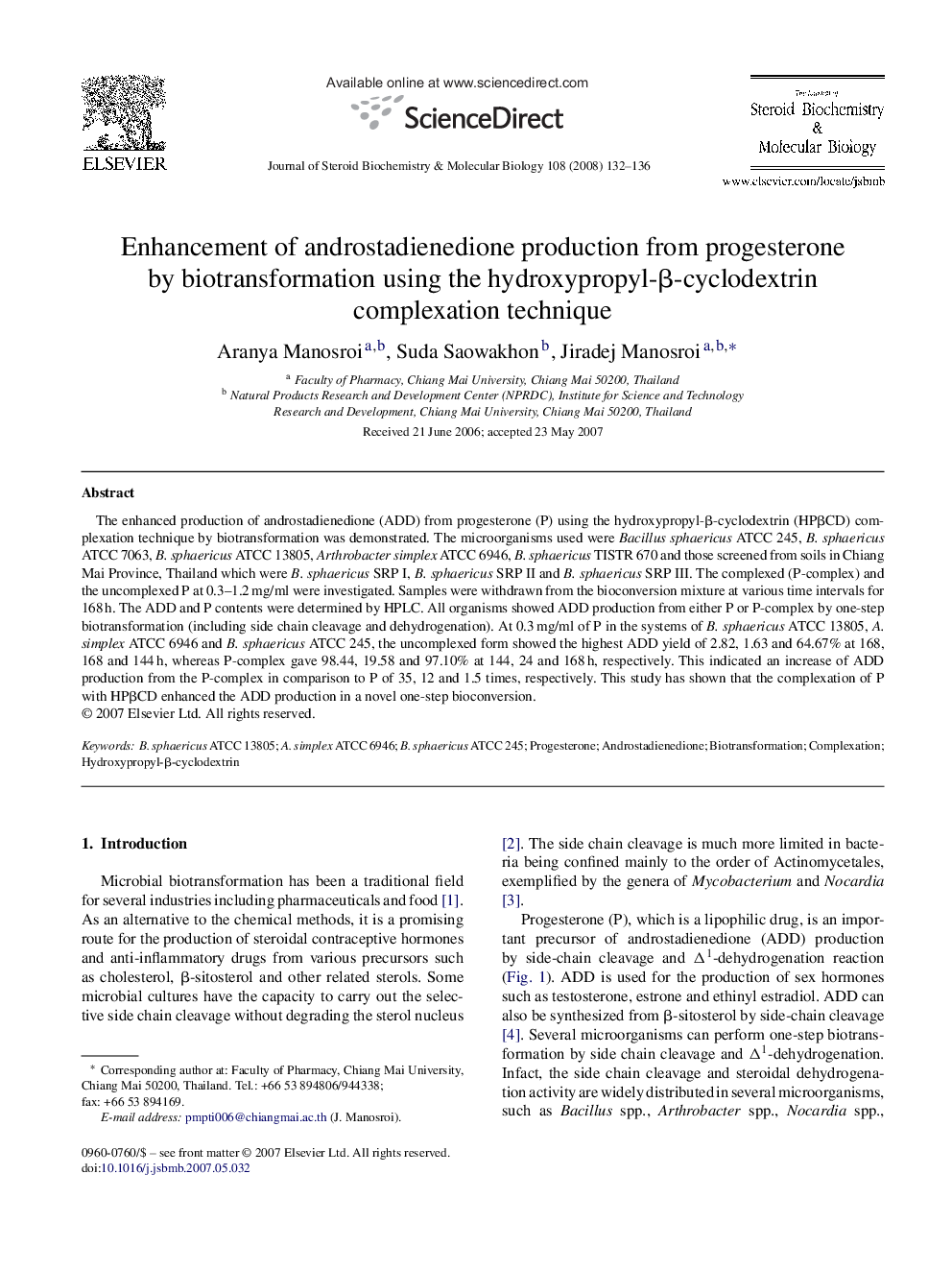 Enhancement of androstadienedione production from progesterone by biotransformation using the hydroxypropyl-β-cyclodextrin complexation technique