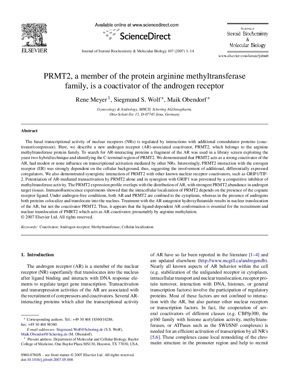 PRMT2, a member of the protein arginine methyltransferase family, is a coactivator of the androgen receptor