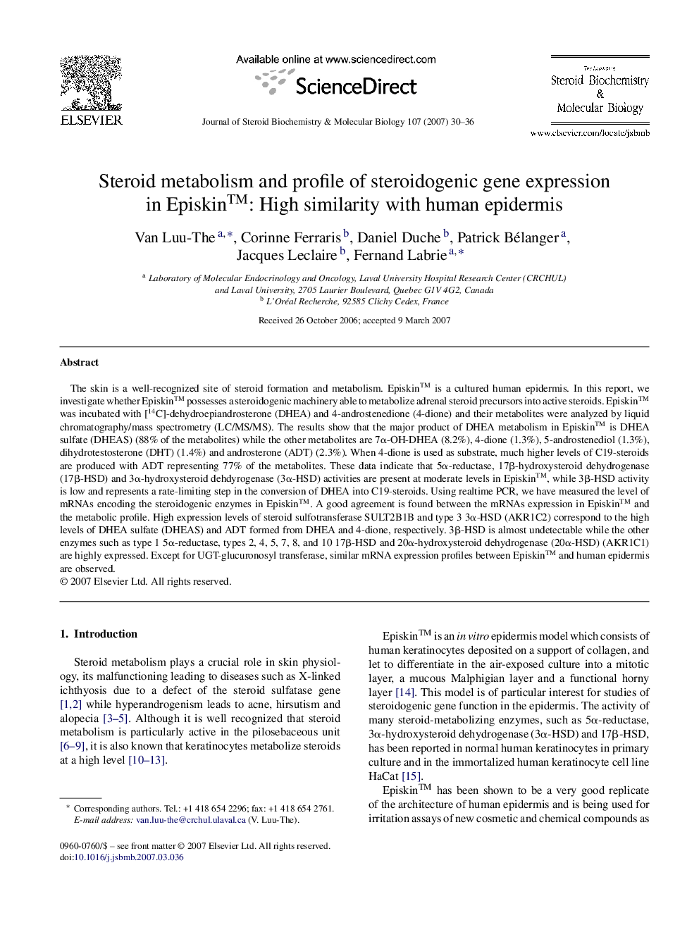 Steroid metabolism and profile of steroidogenic gene expression in Episkin™: High similarity with human epidermis