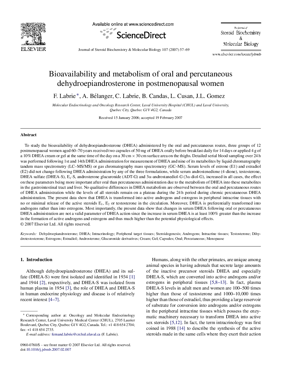 Bioavailability and metabolism of oral and percutaneous dehydroepiandrosterone in postmenopausal women