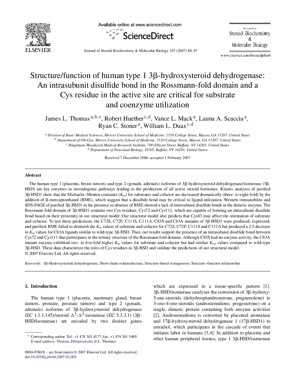 Structure/function of human type 1 3Î²-hydroxysteroid dehydrogenase: An intrasubunit disulfide bond in the Rossmann-fold domain and a Cys residue in the active site are critical for substrate and coenzyme utilization